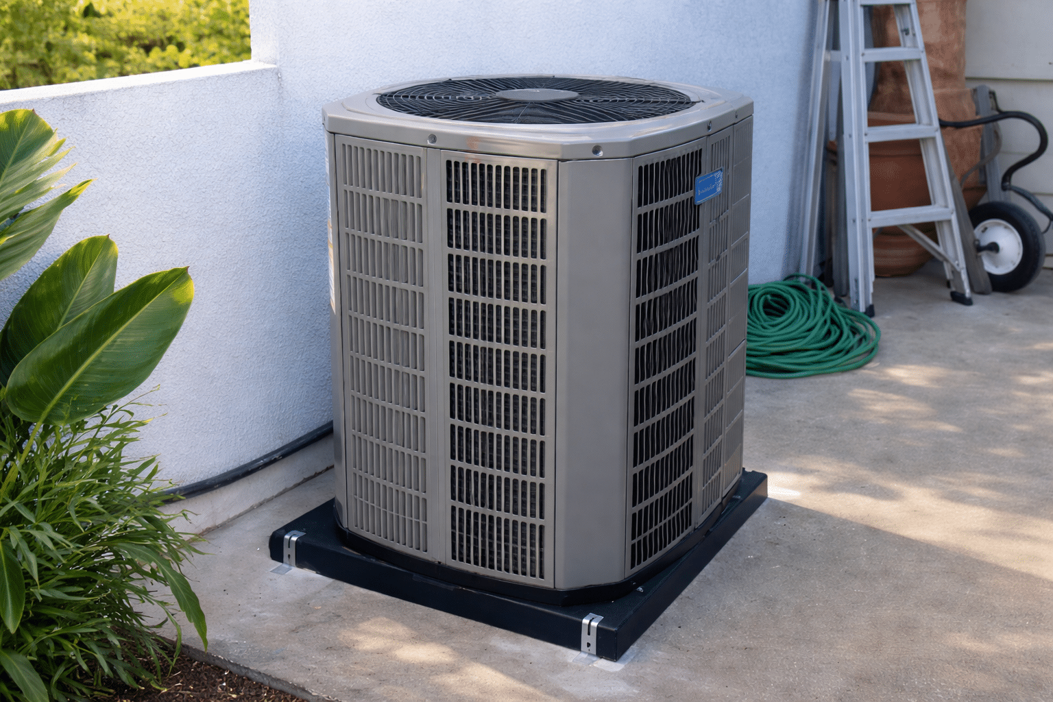 Outdoor air conditioning unit beside building wall.