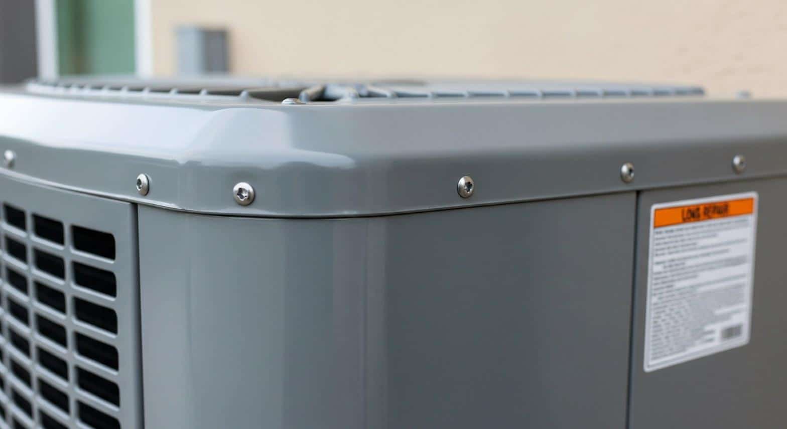 Outdoor AC condenser unit installed beside a Long Beach home under coastal overcast sky