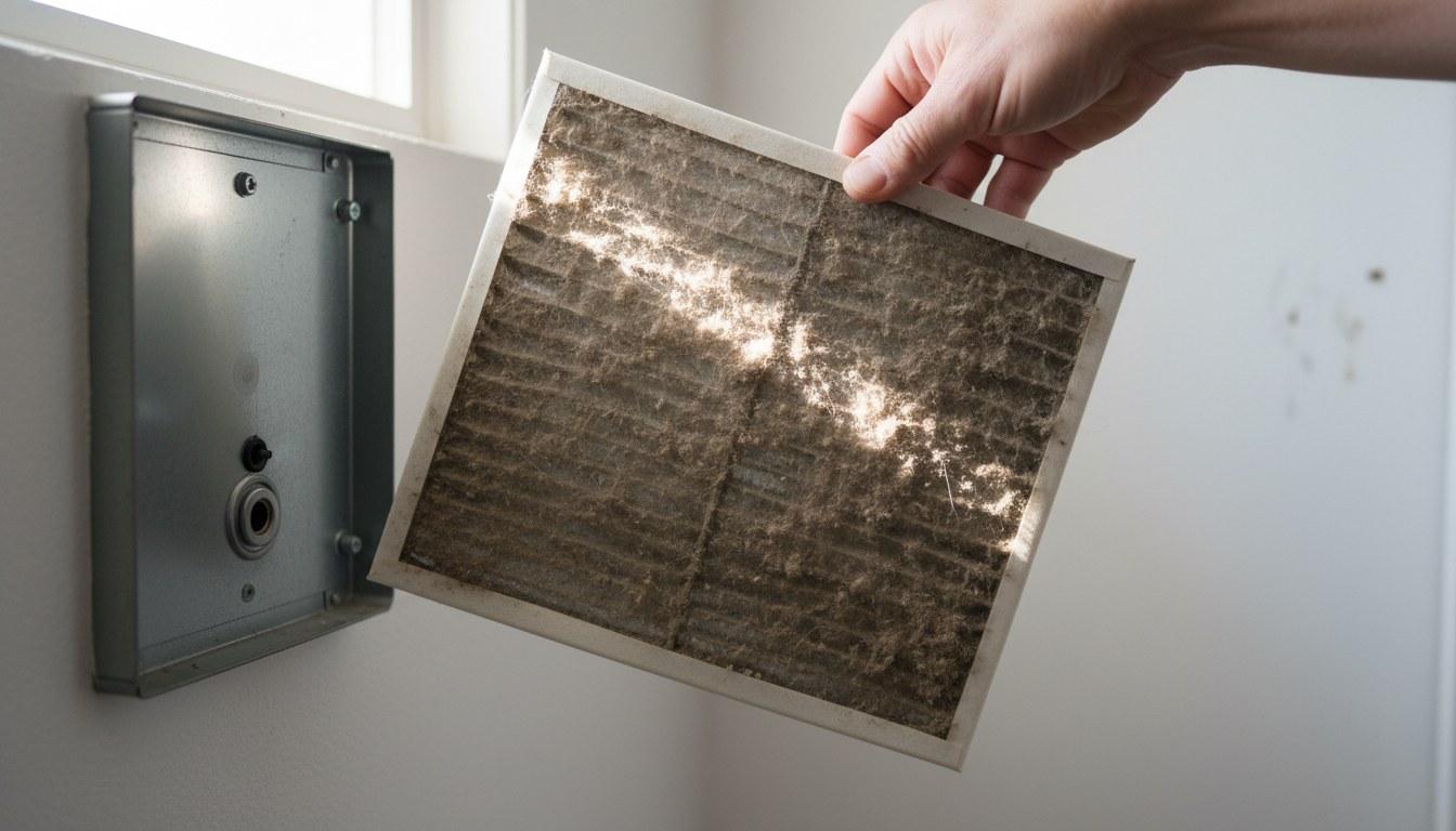 Clogged AC air filter removed from air handler in a Norwalk CA home during troubleshooting