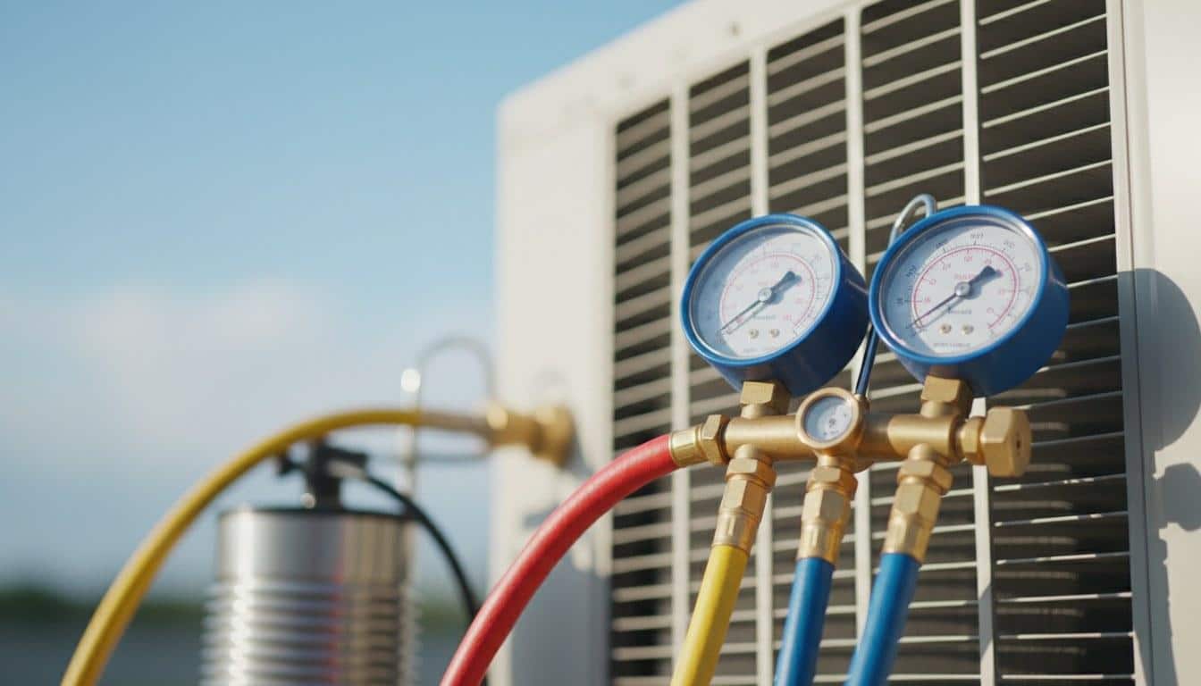 HVAC manifold gauges connected to AC condenser service ports during a diagnostic in Norwalk CA