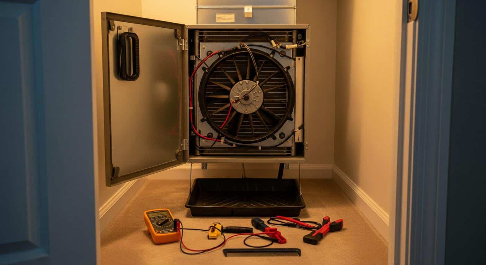 Indoor AC air handler open for professional tune-up inspection in a Norwalk CA home