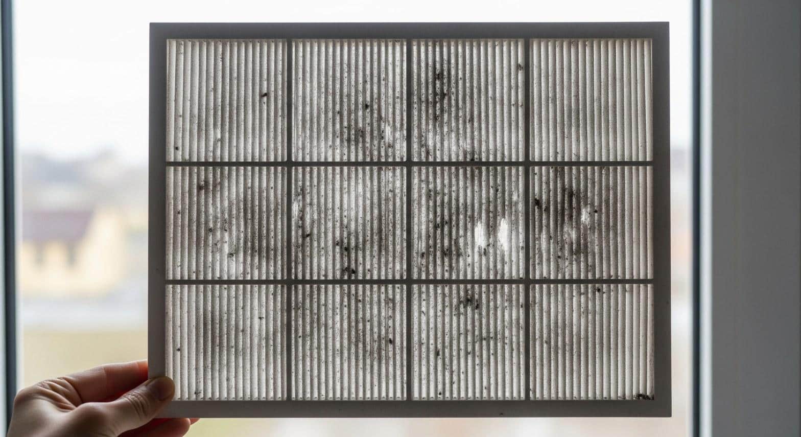 Clogged HVAC air filter showing heavy dust buildup common in Westminster, CA homes