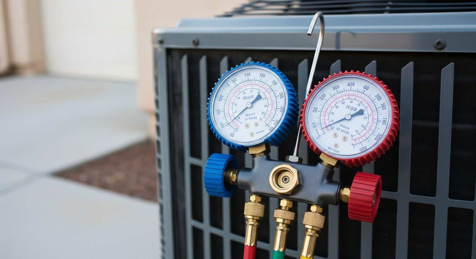 HVAC manifold gauge set connected to AC condenser service ports during a repair in Westminster, CA