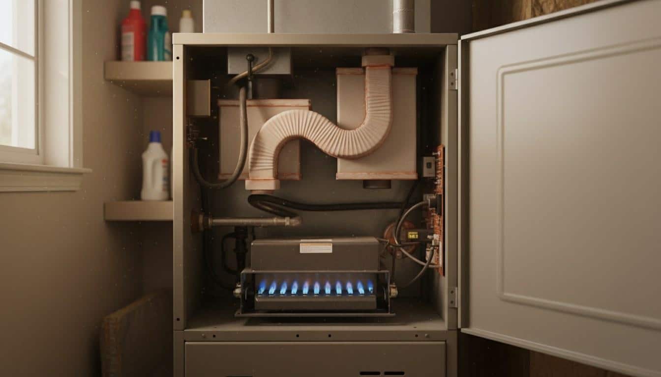 Residential gas furnace with cabinet open showing burner assembly in Huntington Beach CA home