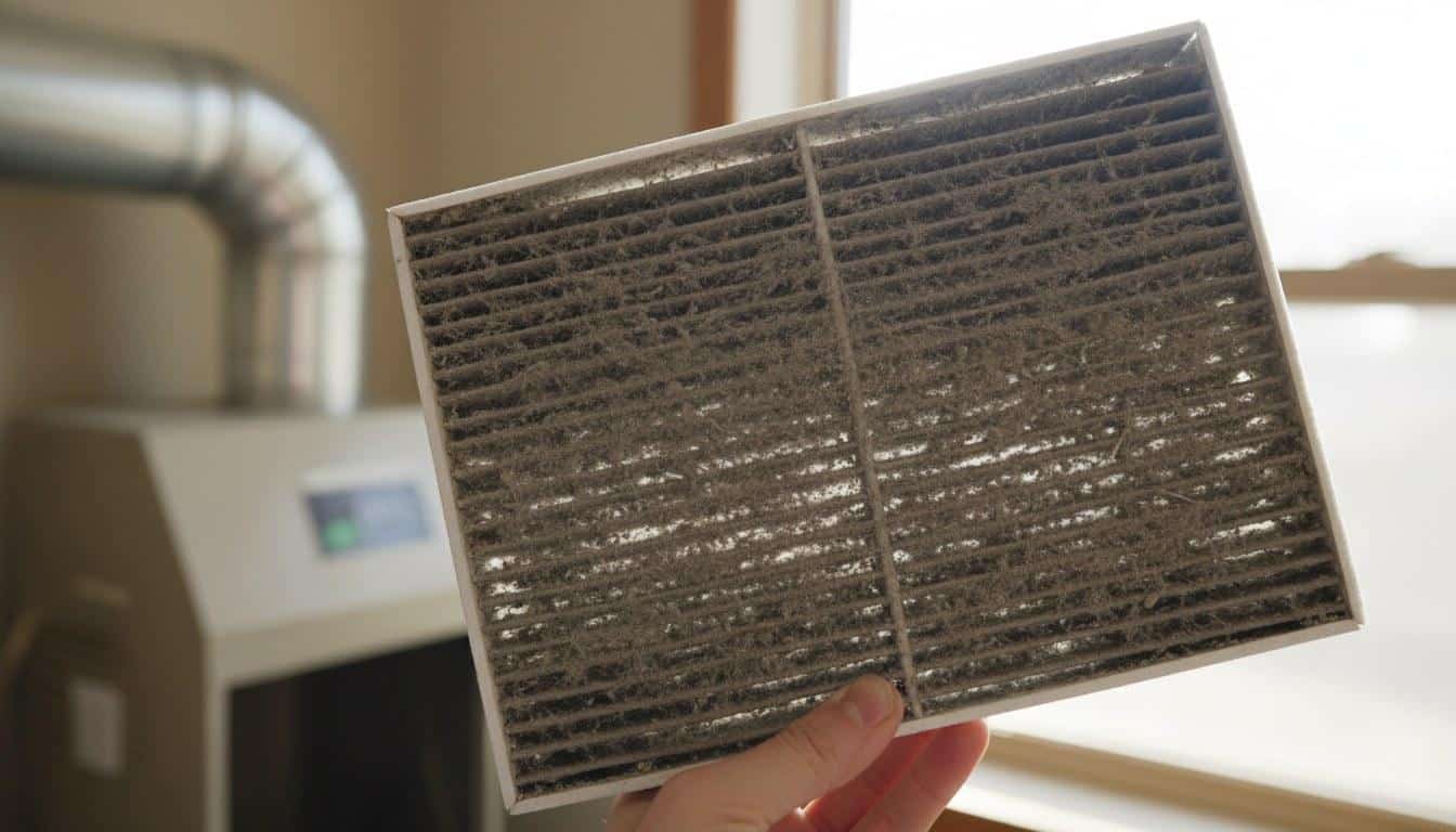 Clogged furnace air filter removed from return-air slot during furnace troubleshooting in Huntington Beach CA