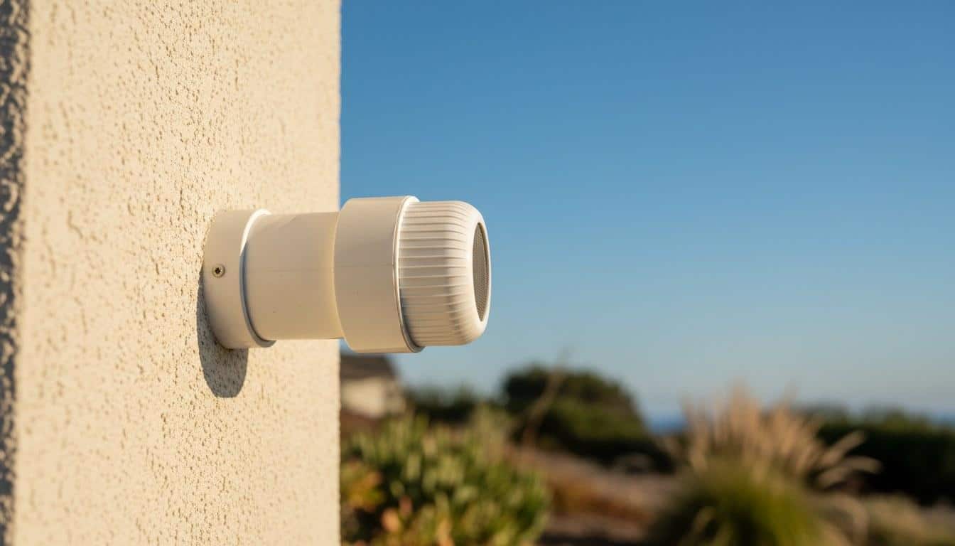 PVC furnace flue pipe termination cap on exterior wall of Huntington Beach CA home