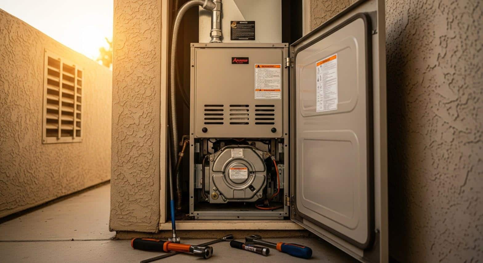 Residential gas furnace interior with burner assembly visible during inspection in Long Beach CA