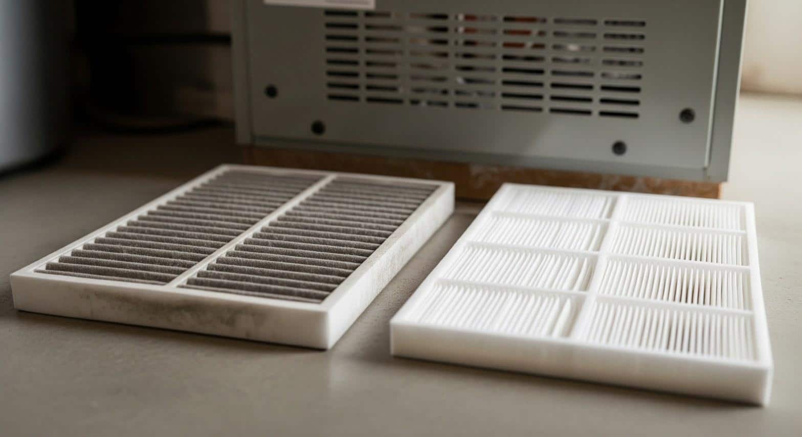 Clogged furnace air filter next to clean replacement filter during DIY furnace check in Long Beach CA