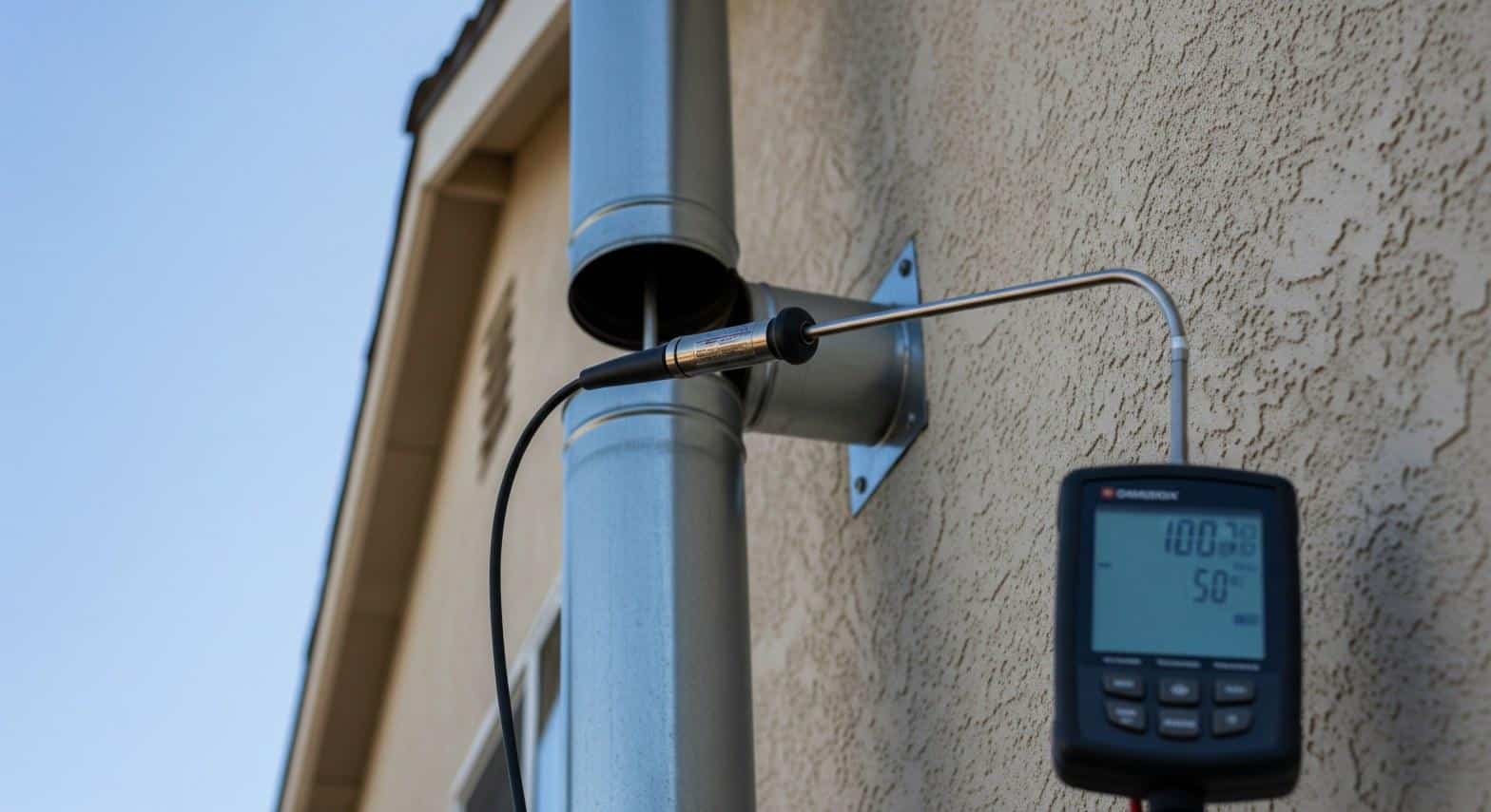 Combustion analyzer probe in furnace flue pipe on Long Beach CA home exterior during furnace service call