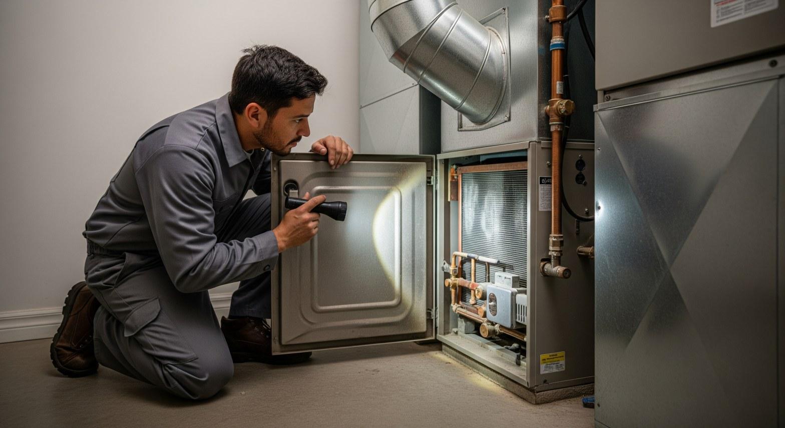 HVAC technician inspecting a residential gas furnace in a Los Angeles home utility room