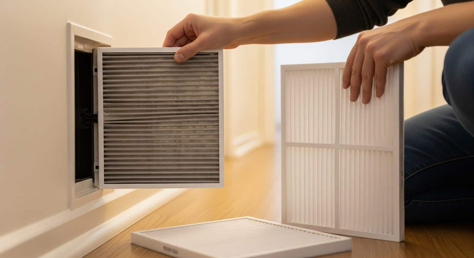 Homeowner replacing a clogged furnace air filter in a Los Angeles residence