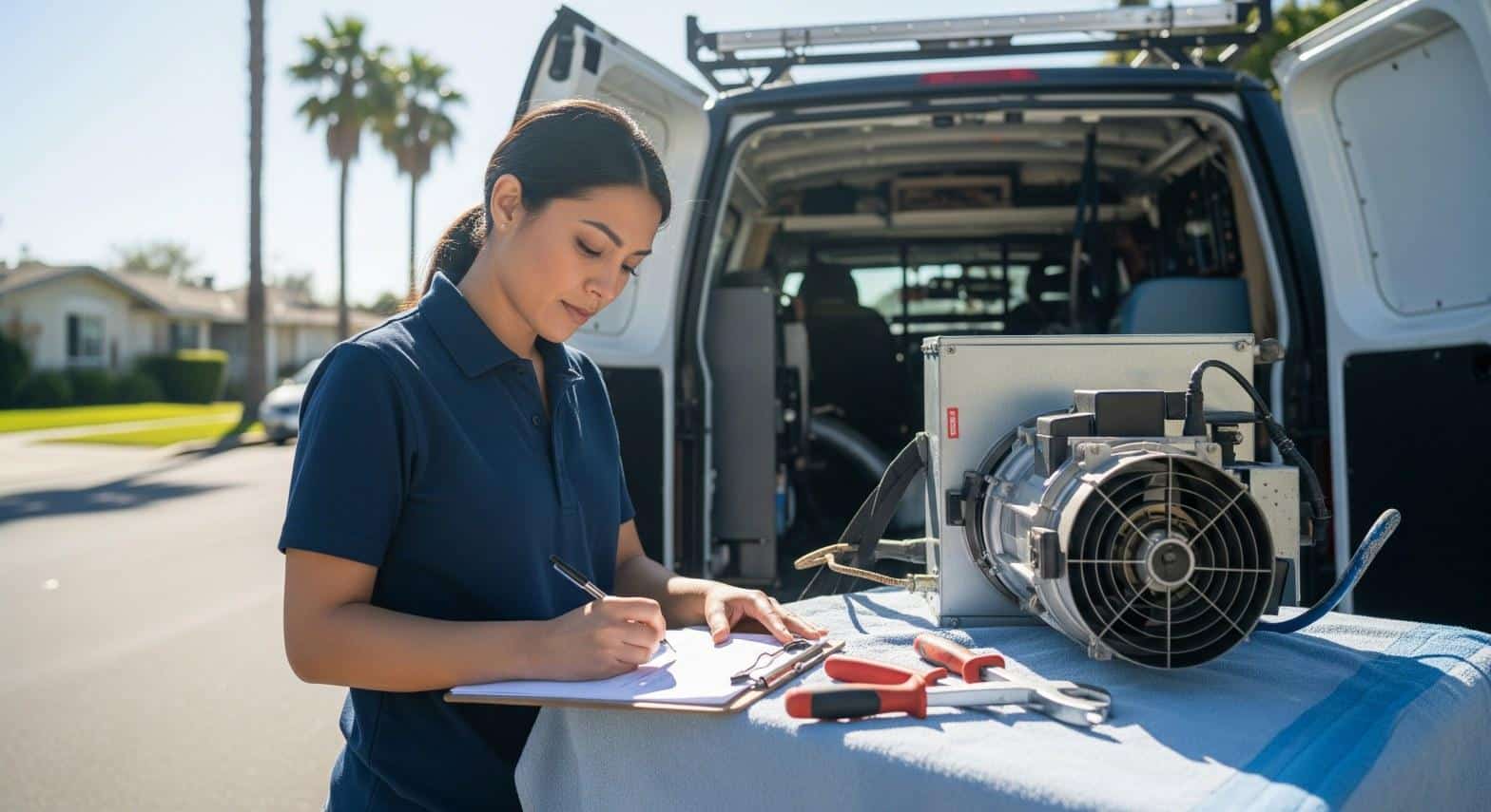 Shalom Heating and Air technician completing a furnace repair work order on a Los Angeles residential street