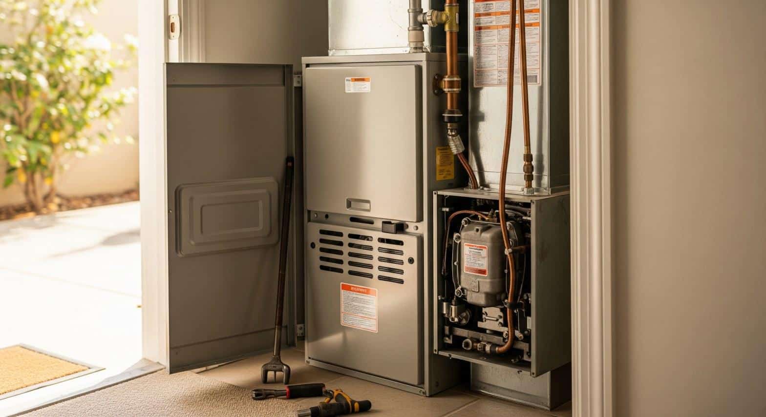 Gas furnace burner assembly exposed in a Los Angeles home utility closet during a repair inspection