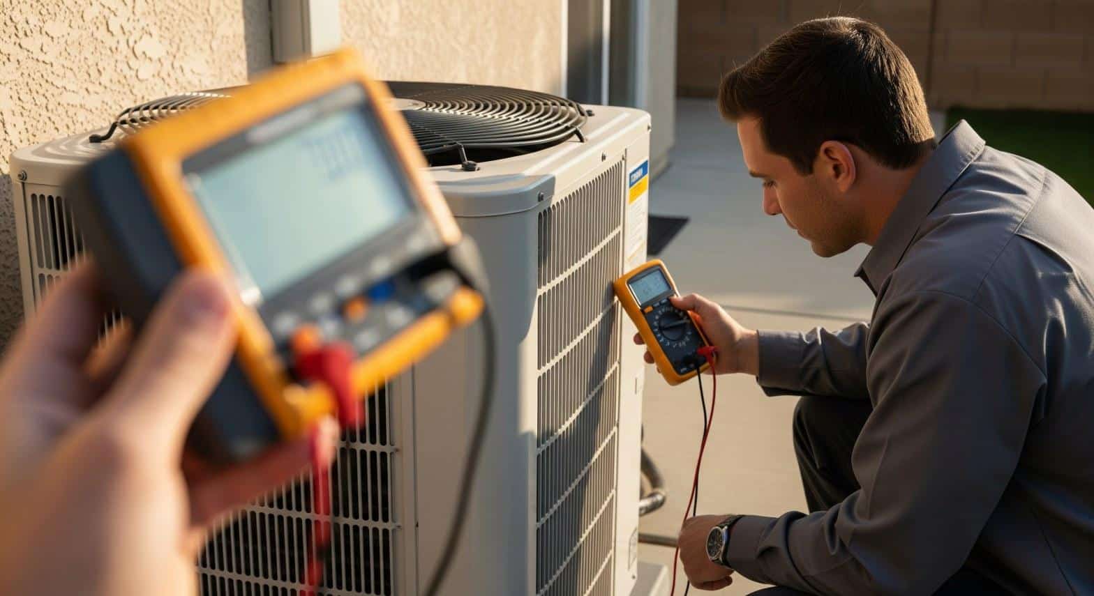 HVAC technician inspecting outdoor AC condenser unit during repair visit in Downey CA