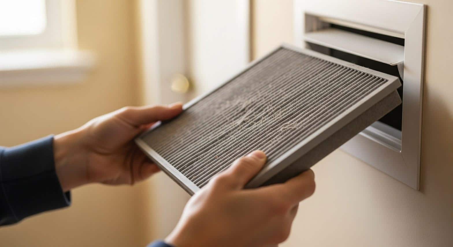 Homeowner holding a clogged dirty HVAC air filter removed from a Downey CA home return vent