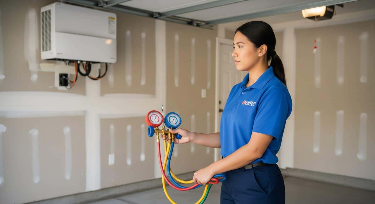 HVAC technician checking refrigerant pressure on a ductless mini-split system during AC repair in Downey CA