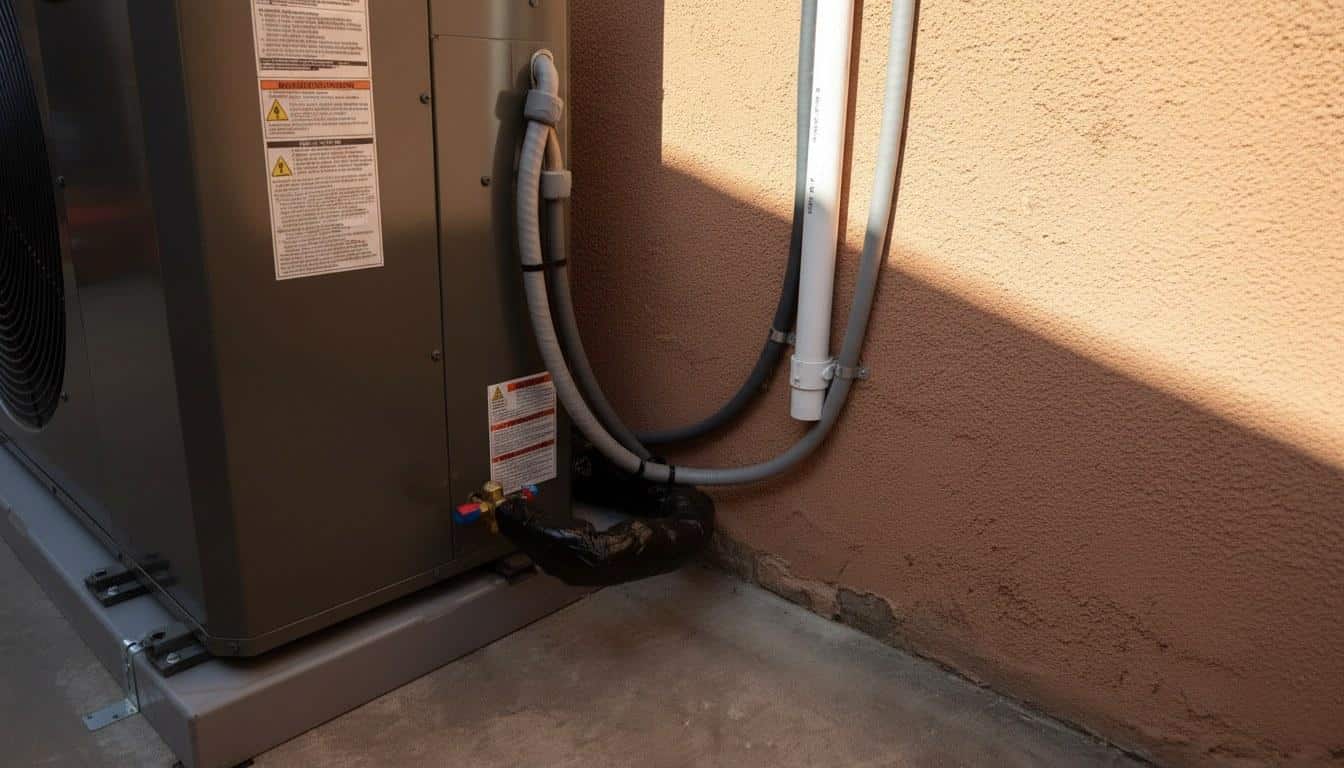 Close-up of insulated refrigerant lines and service valves on an outdoor AC condenser