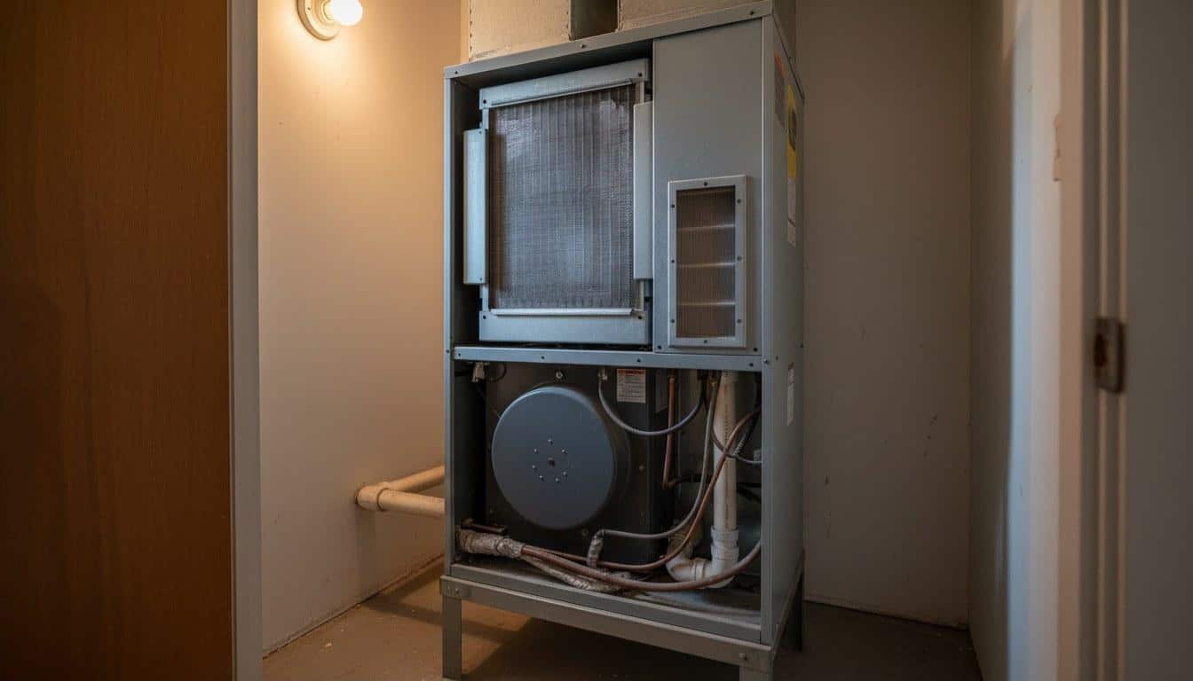 Open residential AC air handler showing evaporator coil and blower assembly during a professional tune-up inspection