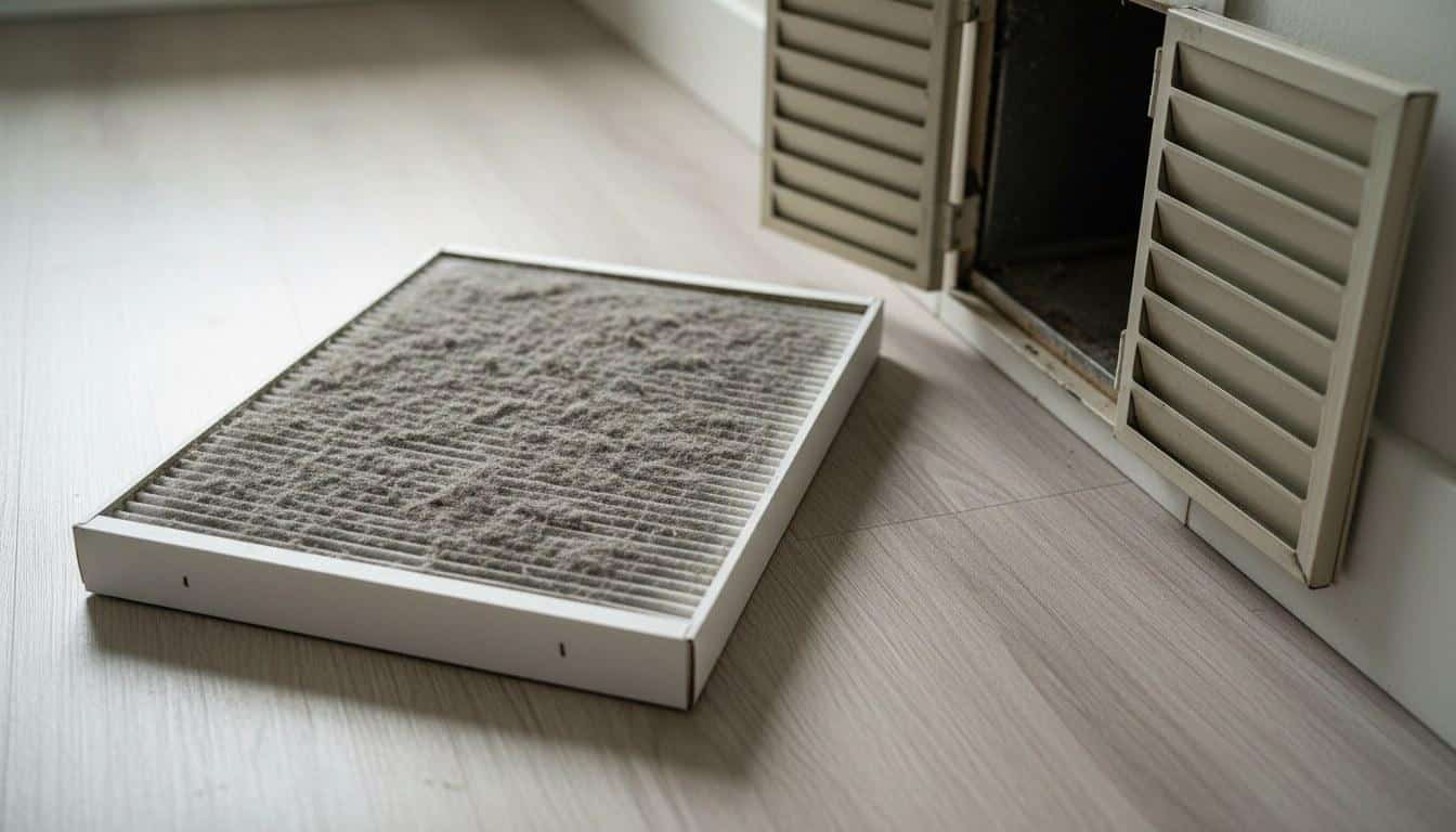 Dirty AC air filter removed from return-air grille during spring maintenance