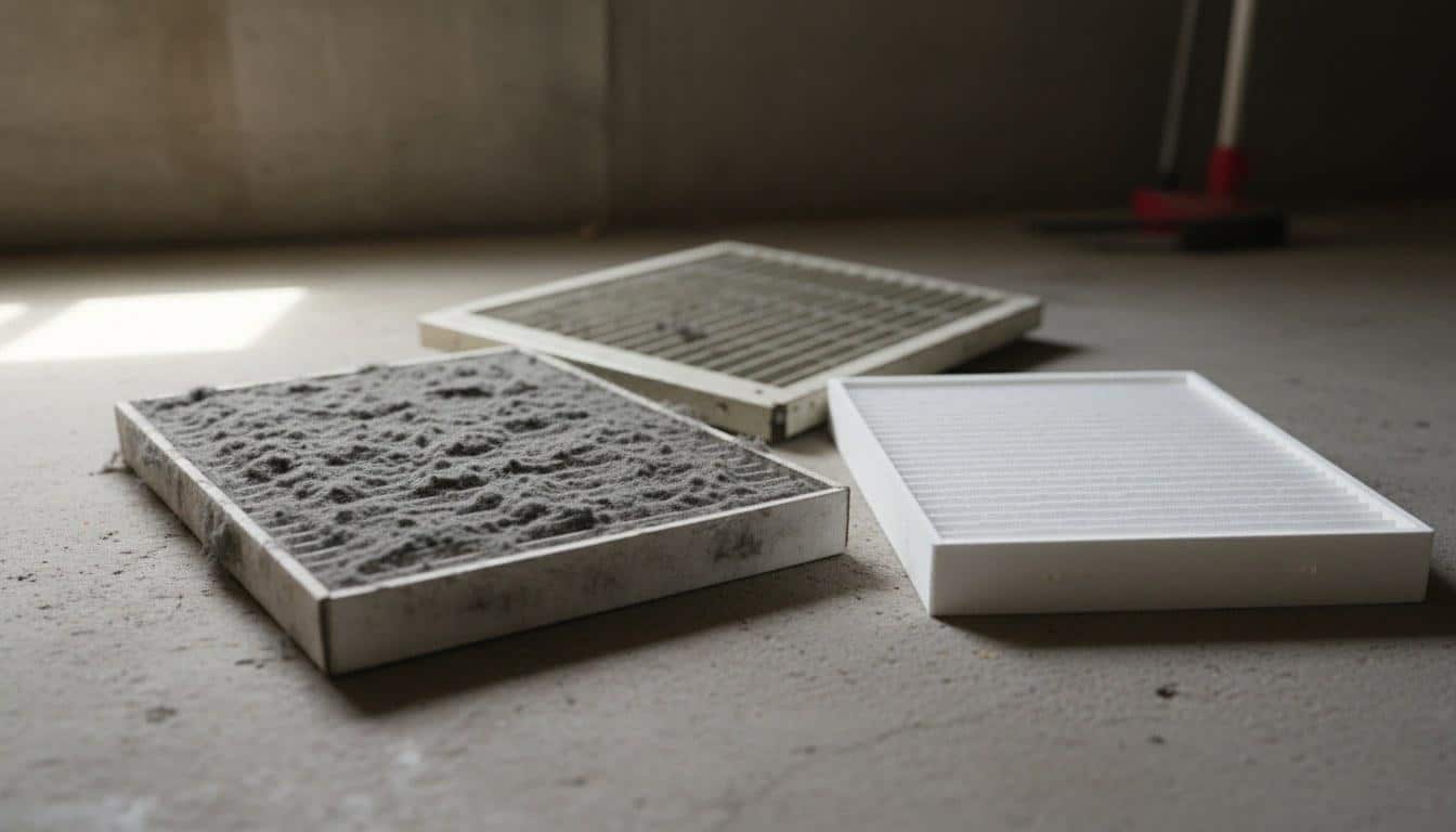 Dirty clogged AC air filter compared to a clean replacement filter for HVAC troubleshooting