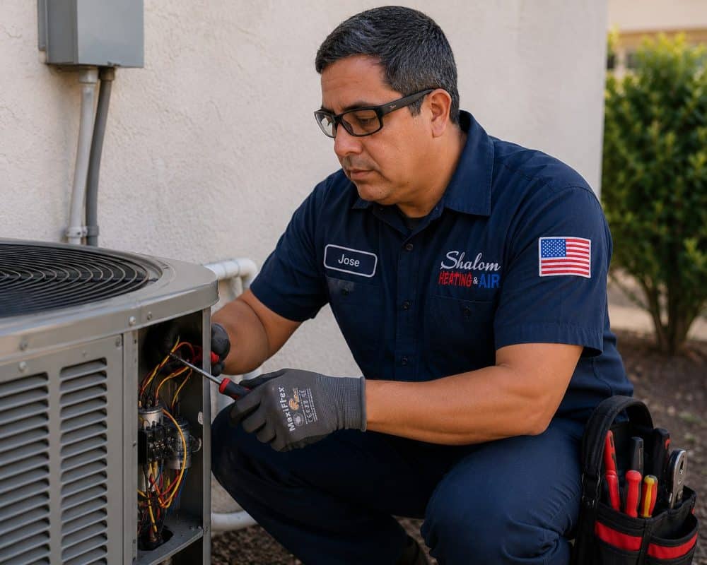 Technician performing preventative maintenance on HVAC equipment