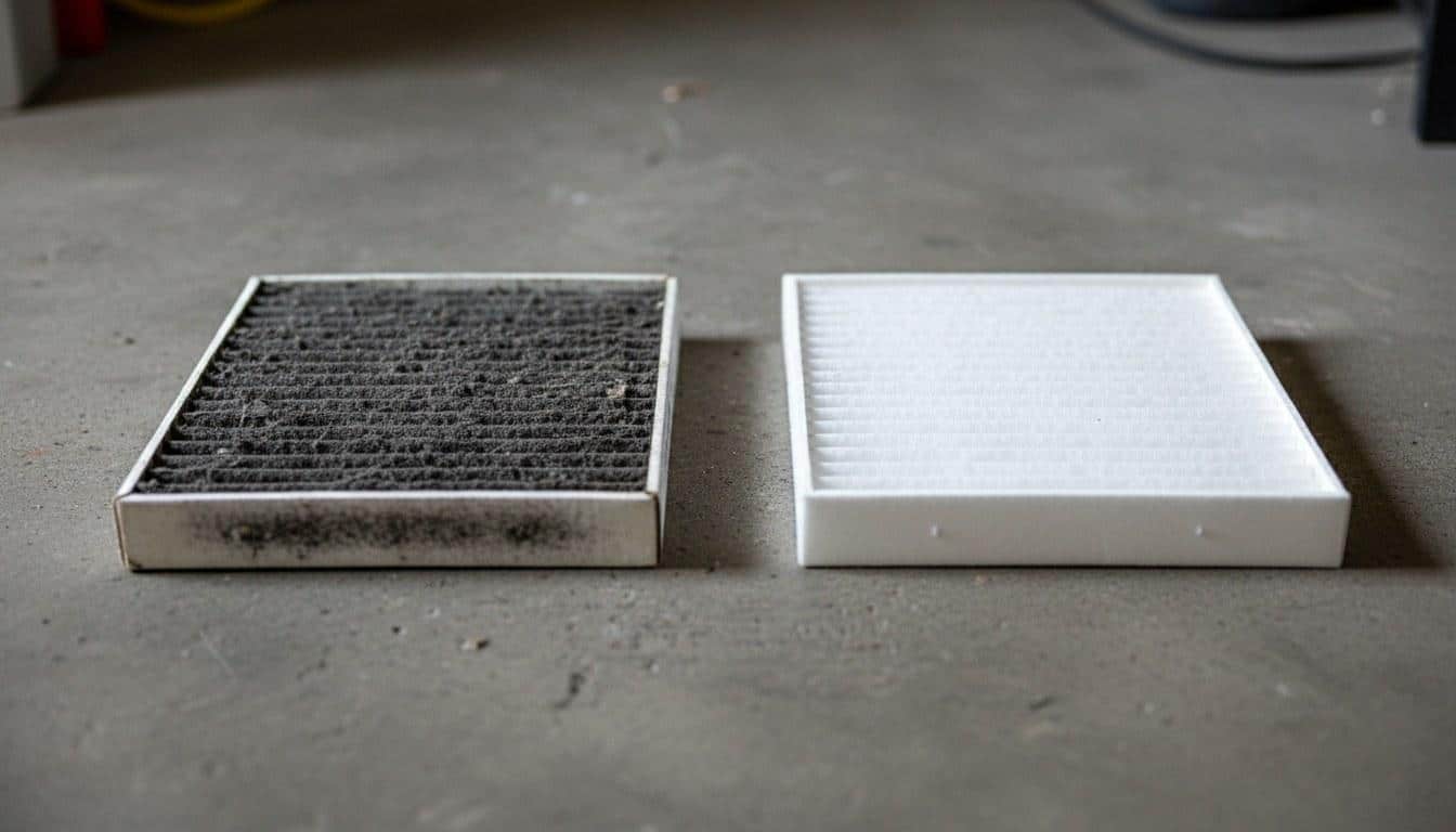 Dirty clogged furnace air filter next to a clean replacement filter showing the difference in Southern California home maintenance