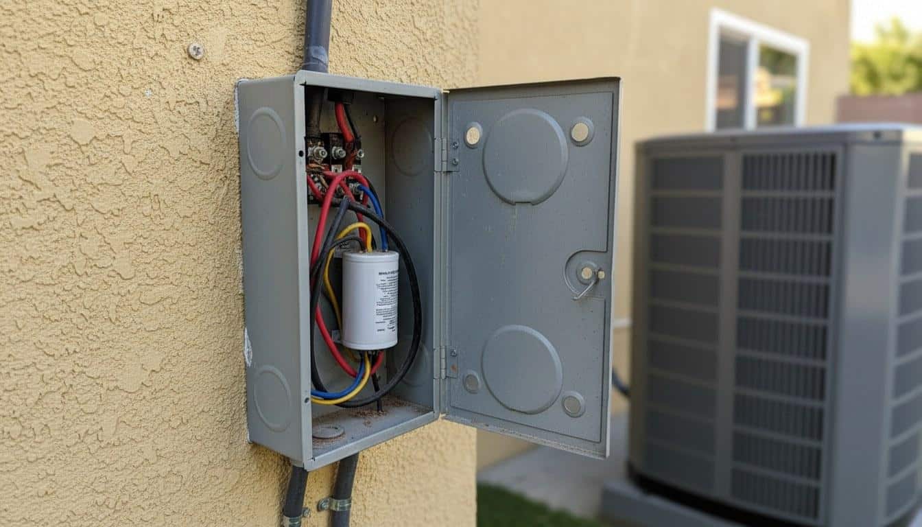 AC electrical disconnect box and capacitor component next to outdoor condenser unit