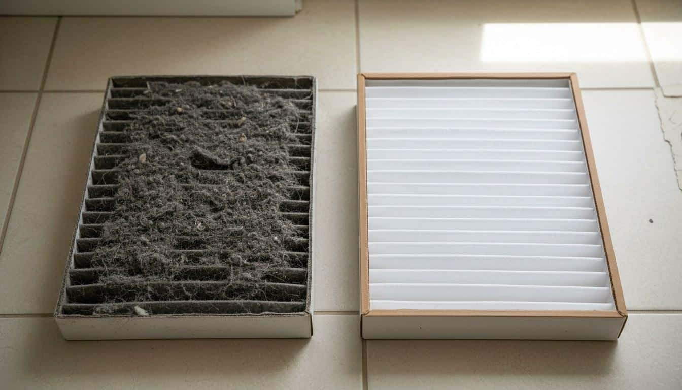 Dirty clogged AC air filter next to a clean replacement filter showing the difference in airflow restriction