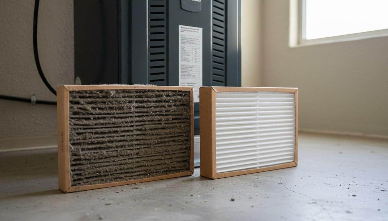 Dirty and clean furnace air filters side by side showing the importance of regular filter replacement in Southern CA homes