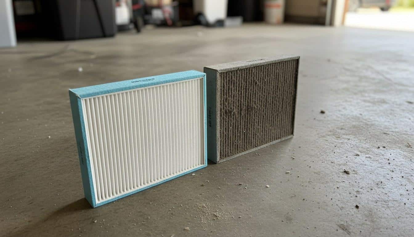 New pleated HVAC air filter compared to a dirty used filter on a concrete floor