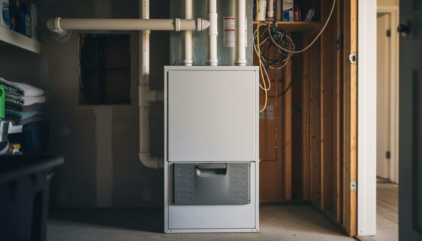 High-efficiency gas furnace installed in a California home utility closet
