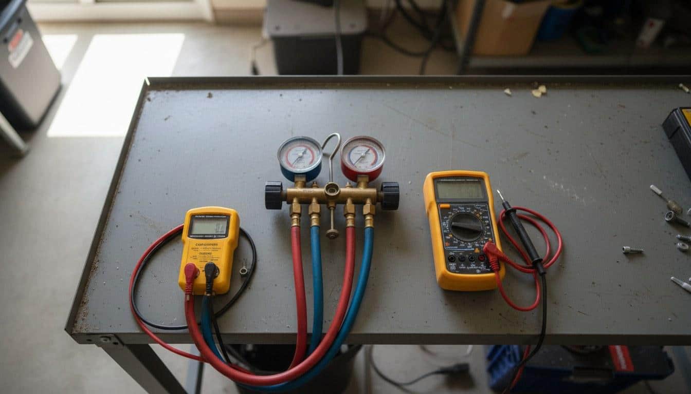 HVAC diagnostic tools including manifold gauges and multimeter used for AC repair