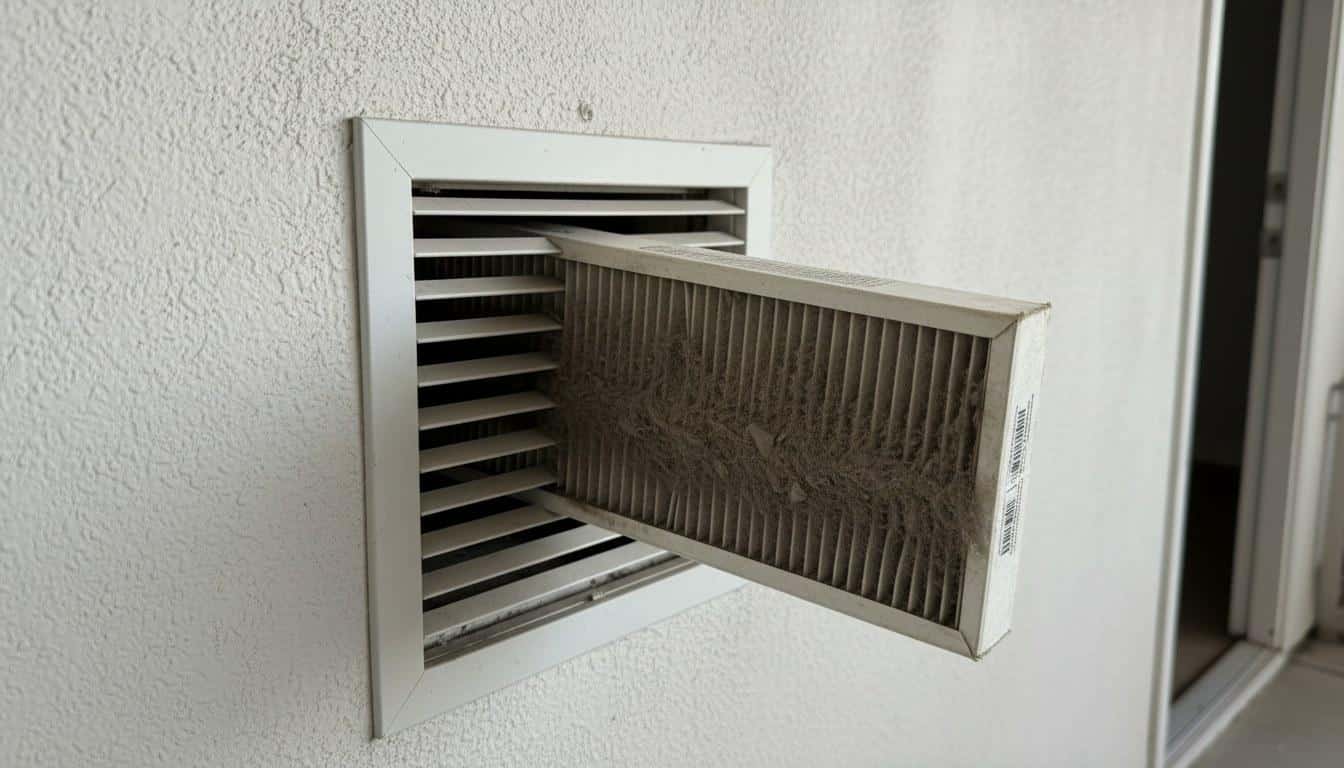 Dusty HVAC air filter being removed from a wall return vent for replacement