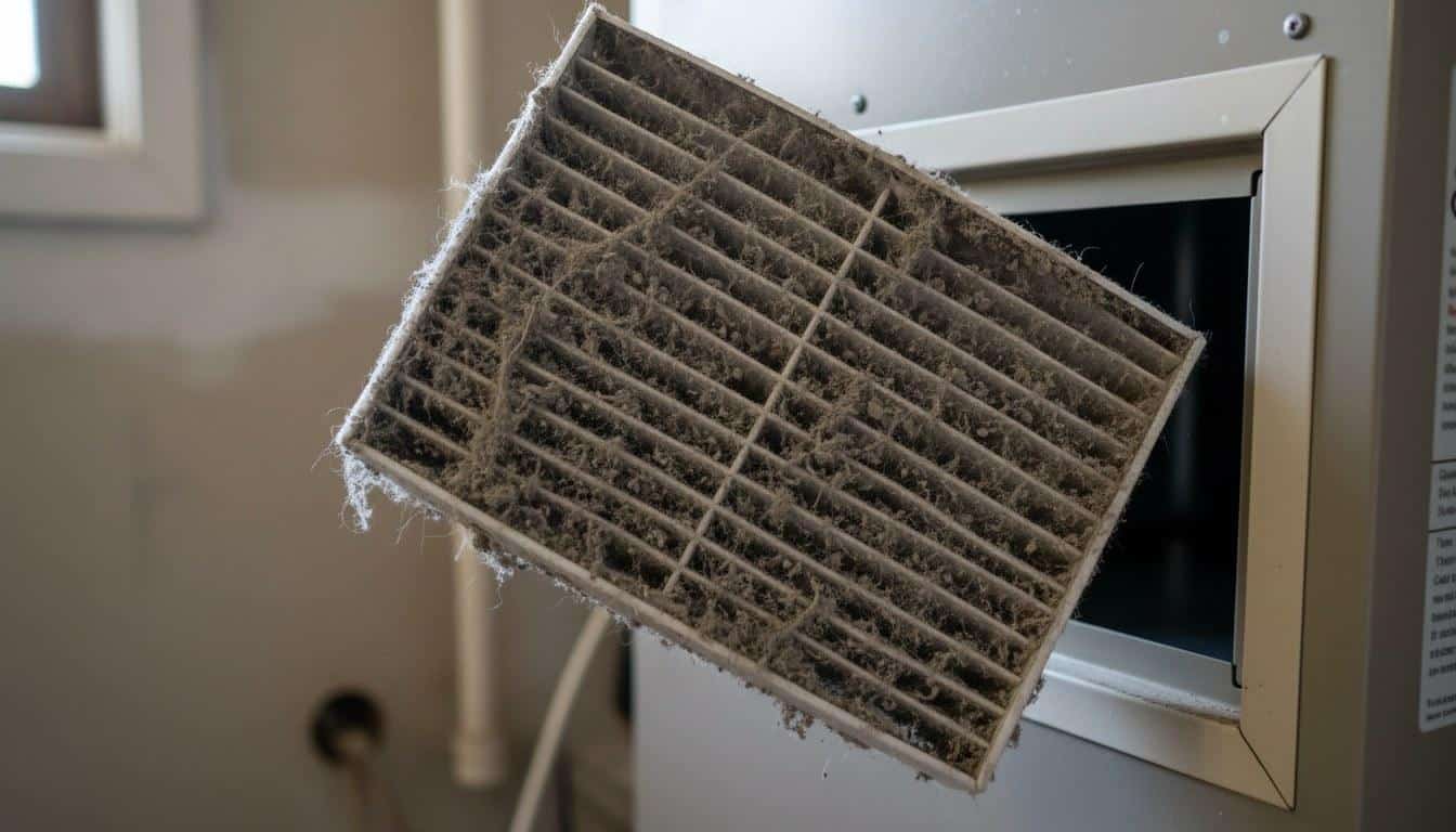 Dirty clogged furnace air filter next to return air slot showing dust buildup