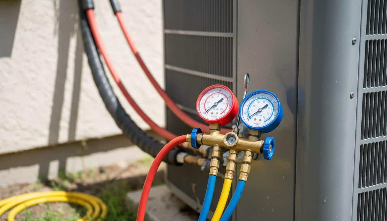 Refrigerant gauge manifold connected to outdoor AC condenser unit during repair service in Southern California