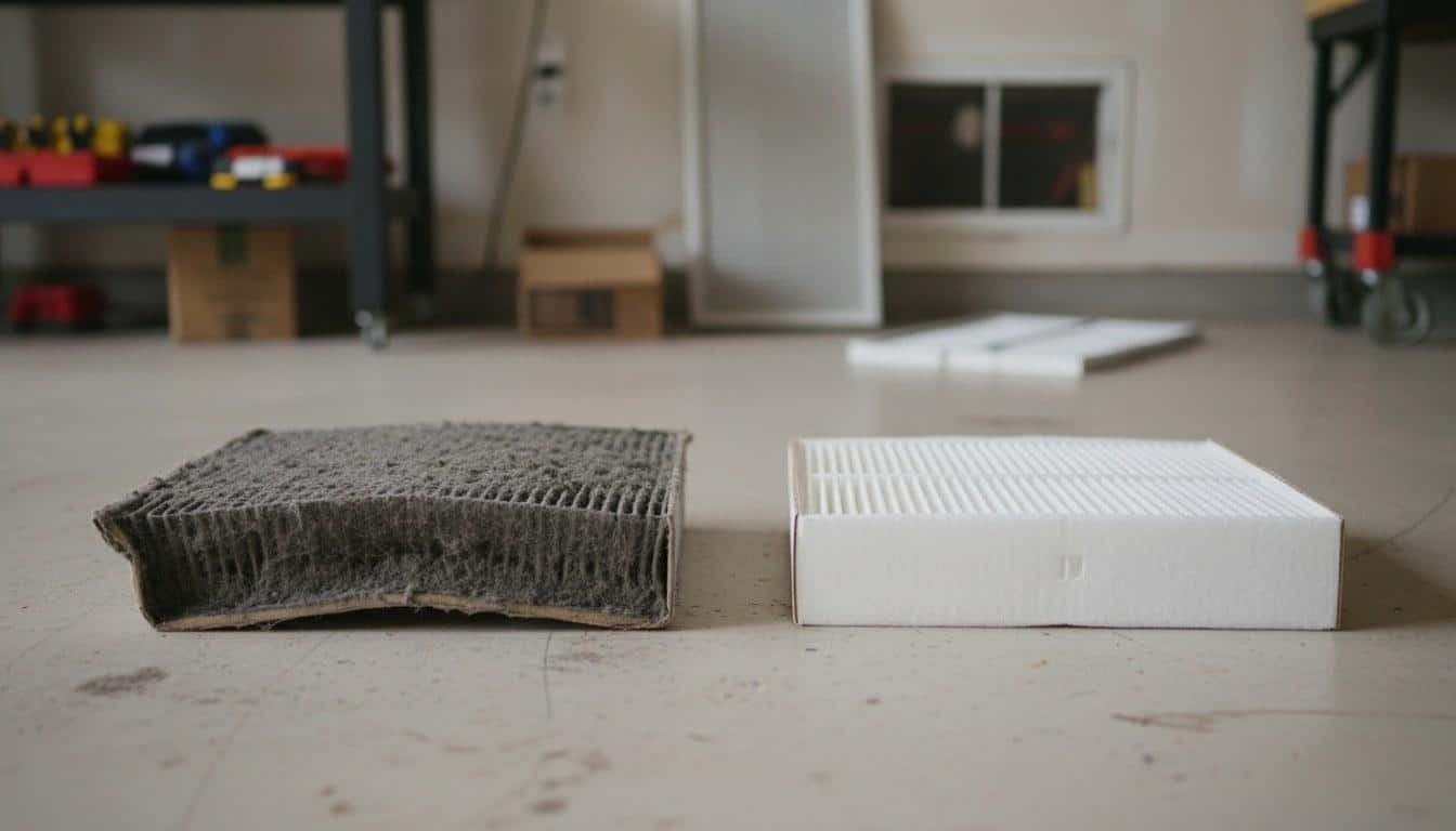 Clogged AC air filter next to a clean replacement filter showing the difference