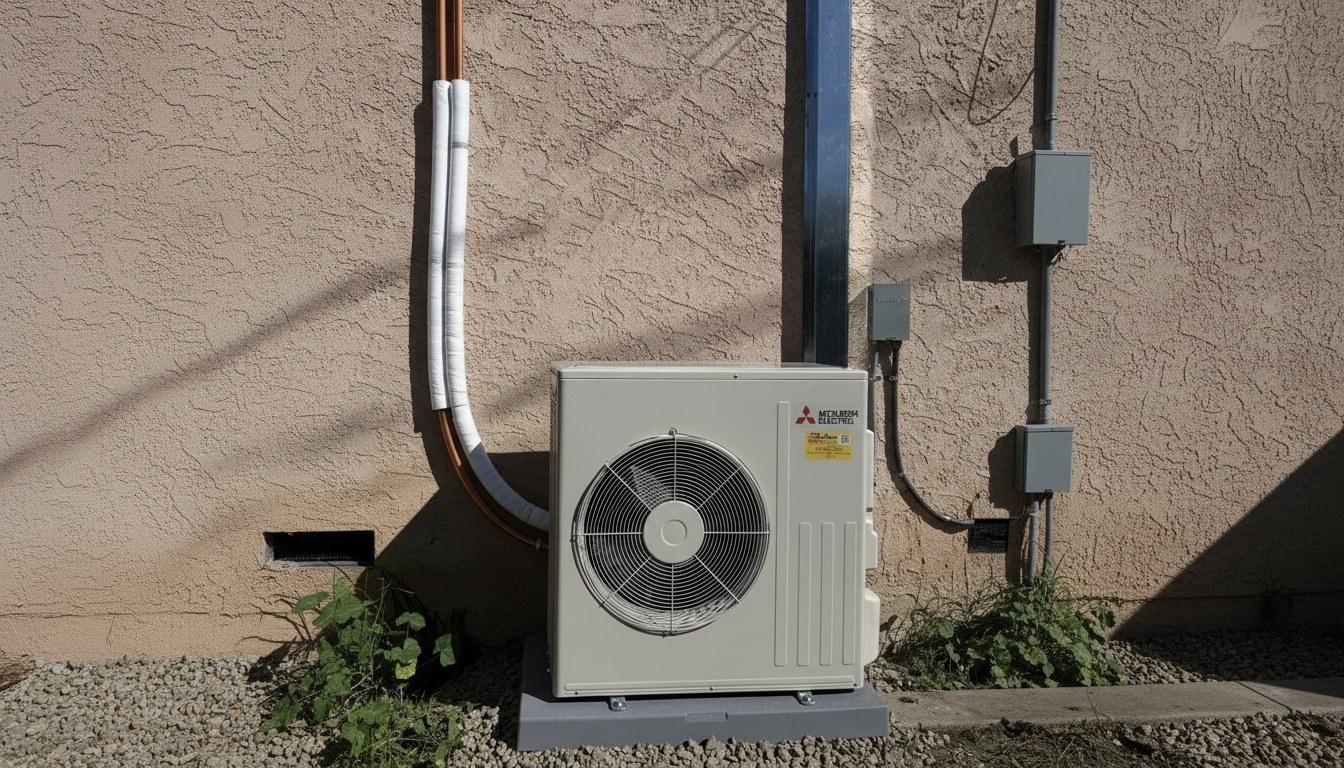 Residential central AC condenser unit installed on a concrete pad beside a house in Southern California