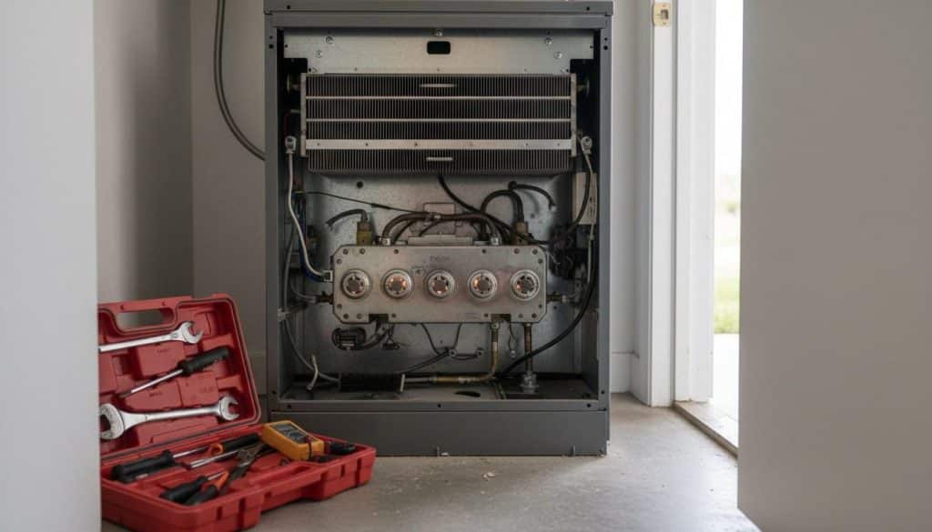 Gas furnace interior with burner assembly visible during annual tune-up inspection in Southern California