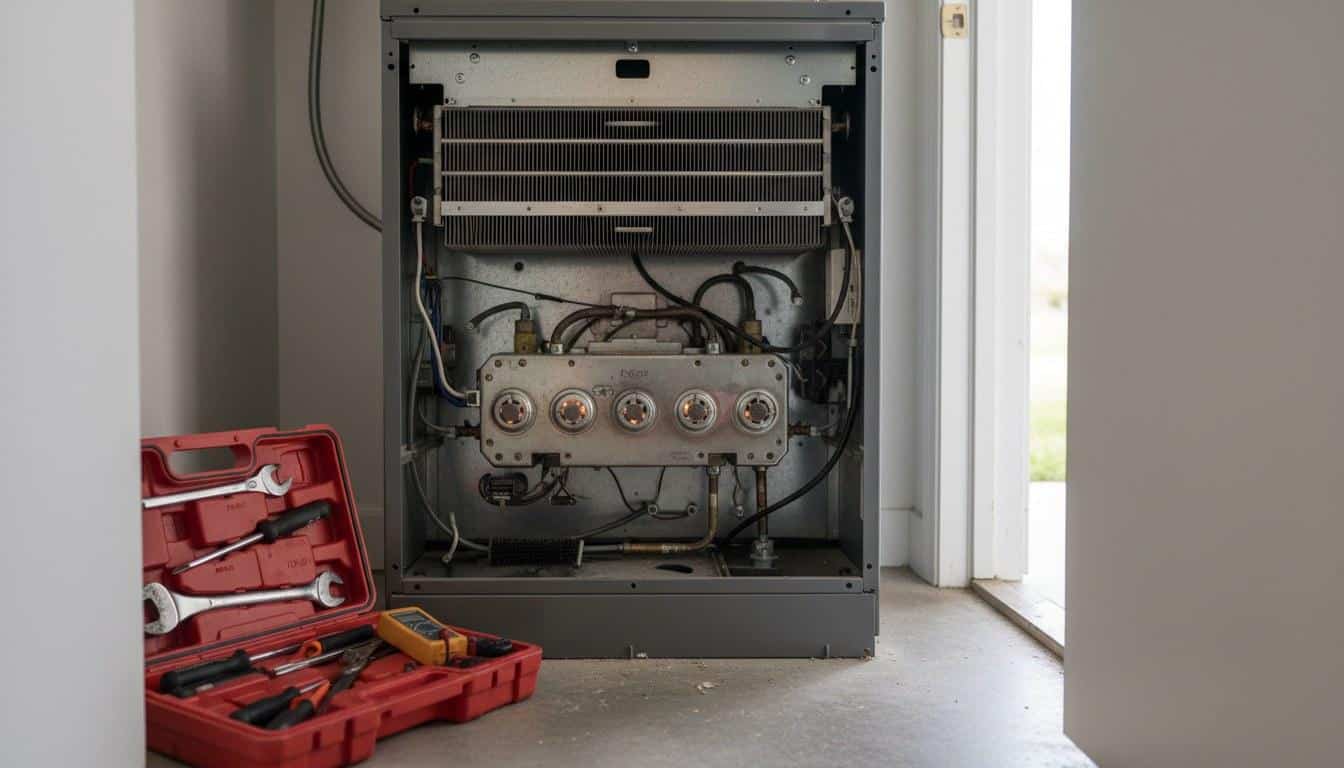 Gas furnace interior with burner assembly visible during annual tune-up inspection in Southern California