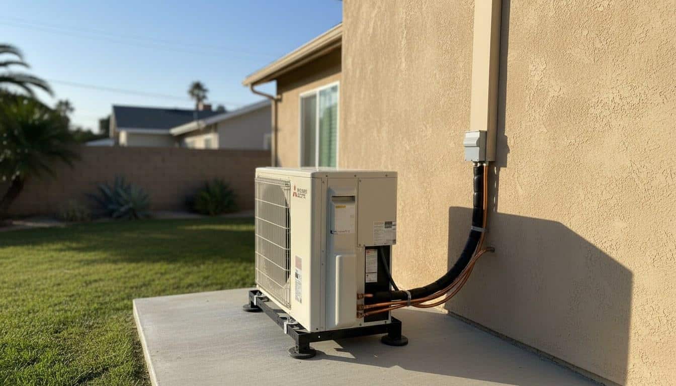 New central AC condenser unit installed on concrete pad beside a Southern California home