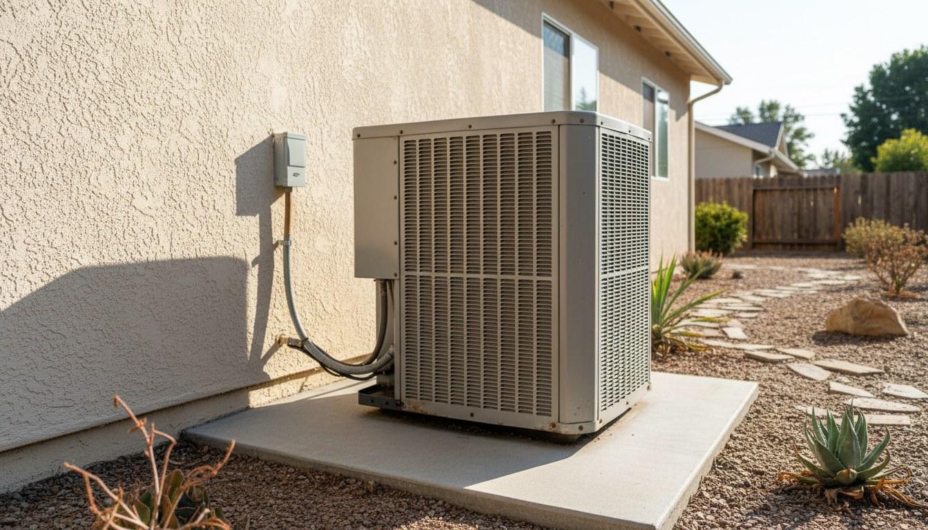 Residential AC condenser unit installed beside a California home in Orange County