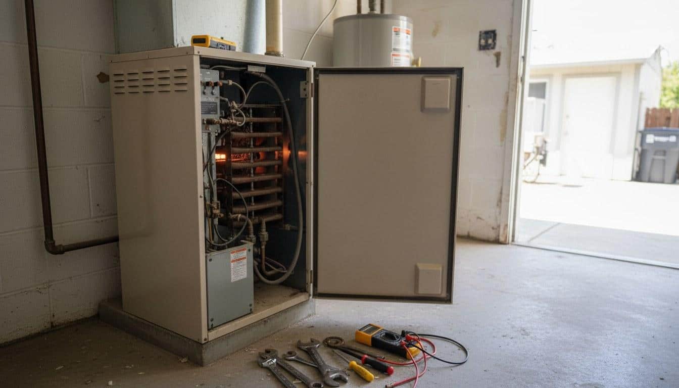Gas furnace interior with burner assembly visible during fall HVAC maintenance inspection in Southern California