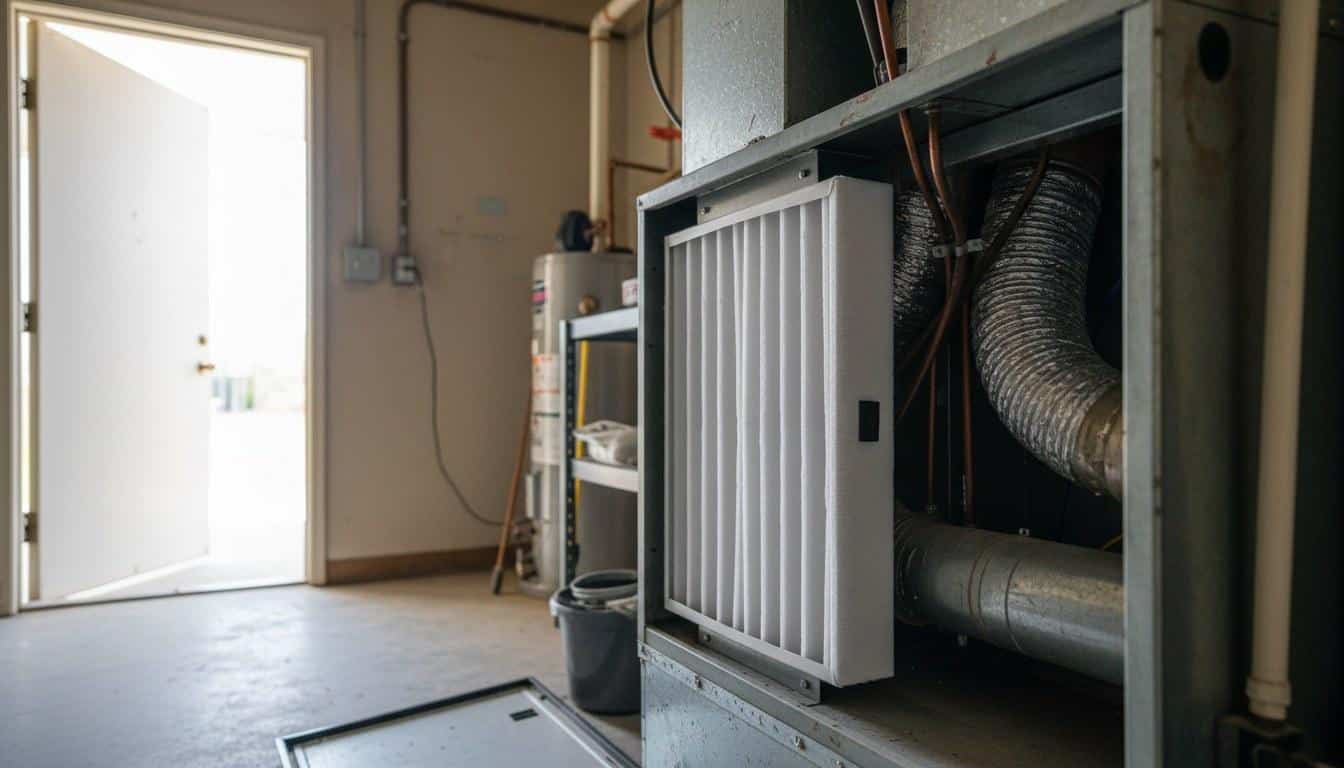 Whole-home MERV media air filter installed inside an HVAC air handler in a Southern California home