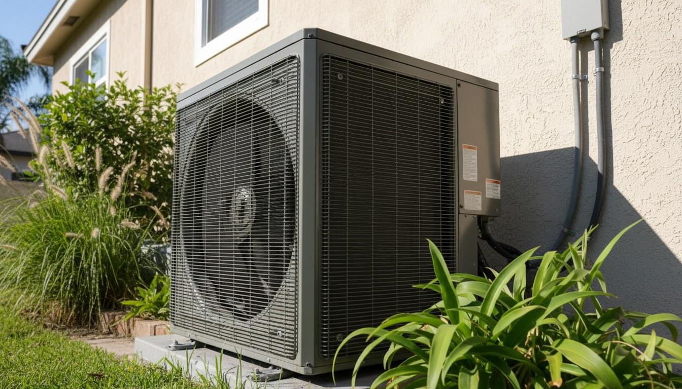 Residential AC condenser unit installed beside a Southern California home