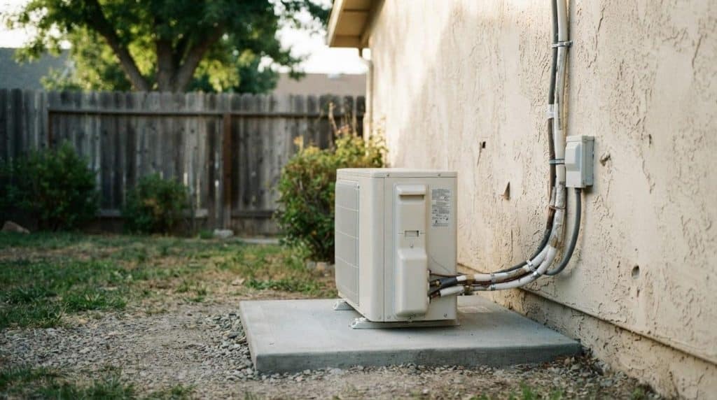 New HVAC condenser unit installed on concrete pad beside a California home exterior