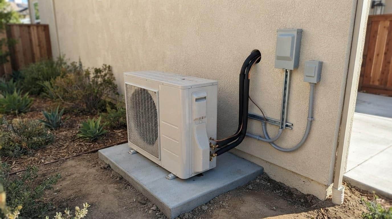 Ducted heat pump outdoor compressor unit installed beside a Southern California home exterior