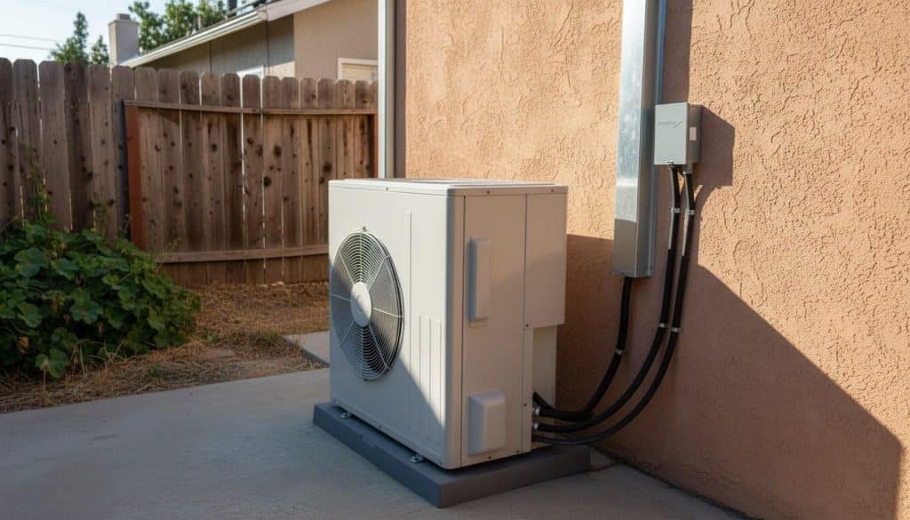 New central AC condenser unit installed on concrete pad beside a Southern California home exterior