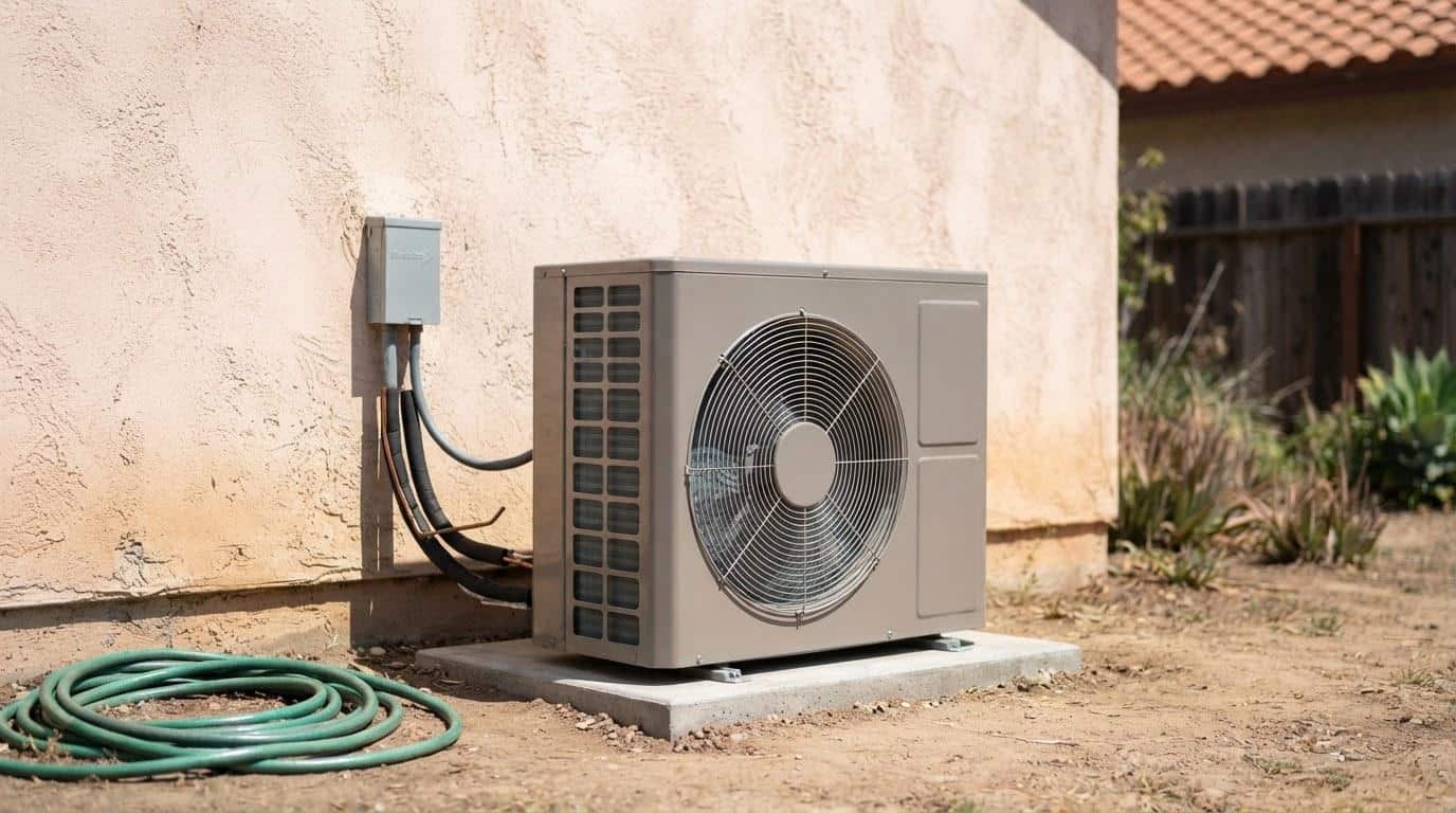 Clean outdoor AC condenser unit beside a Southern California home ready for summer heat wave season