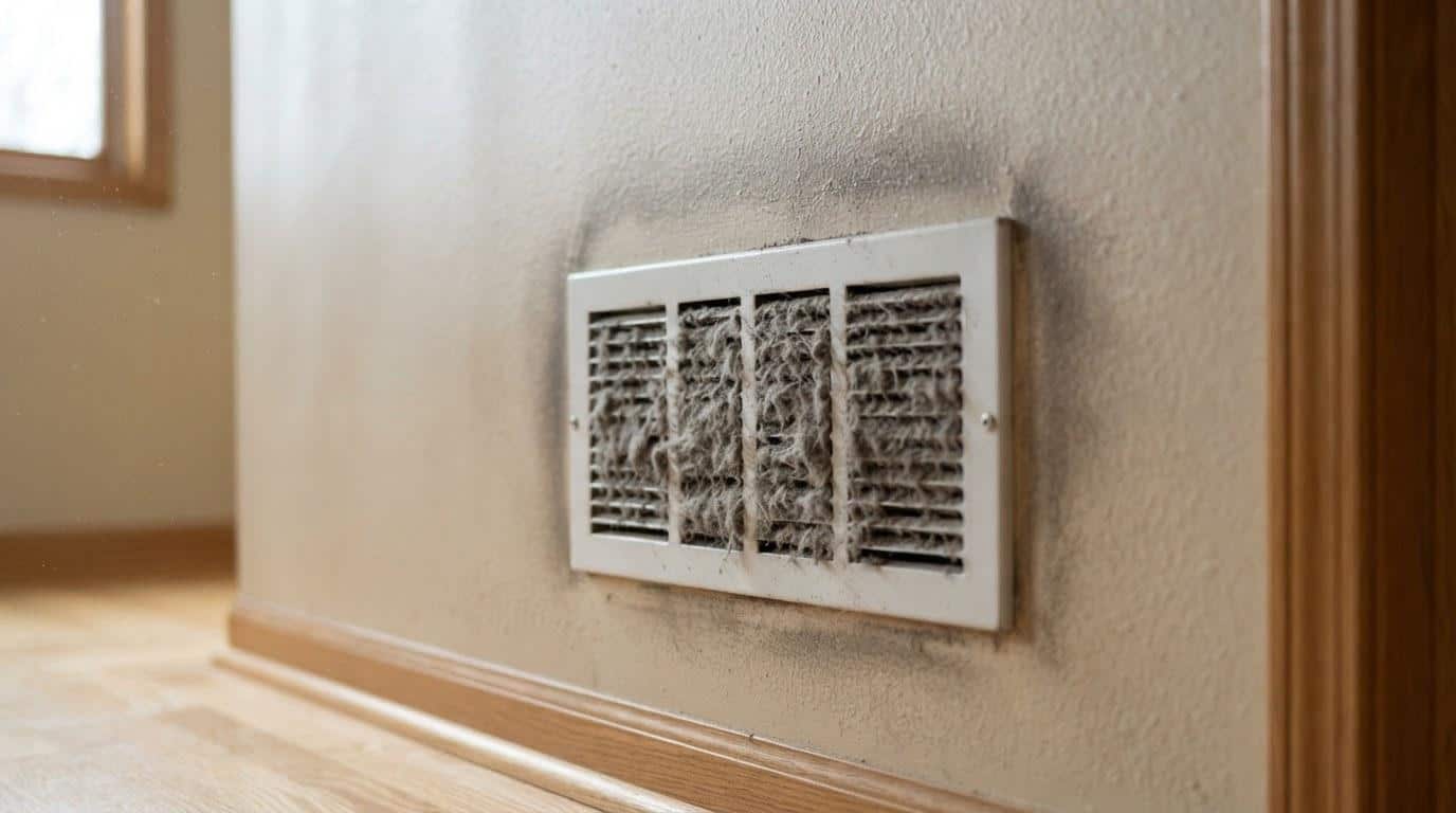Dust-covered return air vent on a Southern California home wall indicating poor indoor air quality