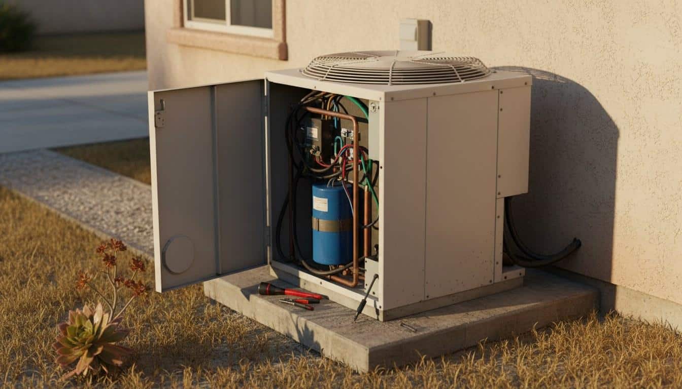 Residential AC condenser unit with open panel showing internal components beside a California home exterior